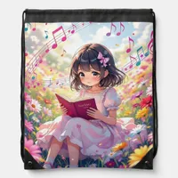Anime Girl Reading  in Flowers and Musical Notes Drawstring Bag