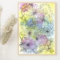 Pastel Watercolors Elegant Florals Black Line Art  Poster