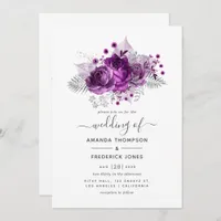 Plum and Silver Watercolor Wedding Invitation