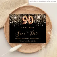 90th birthday black glitter budget save the date flyer