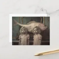 Adorable Girls With Pink Fish Twins Horror Scene Postcard