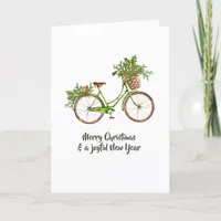 Watercolor Floral Bicycle Christmas Family Photo Holiday Card