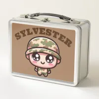 Cute Kawaii Army Camouflage Monogram on Brown | Metal Lunch Box