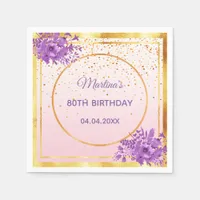 80th birthday rose gold violet flowers napkins