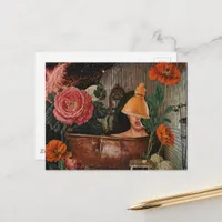 Surreal woman rustic copper bathtub flowerscollage postcard
