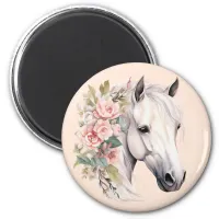 Pretty White Horse Pink Flowers Elegant Whimsical Magnet