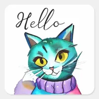 Hello | Cute Blue Kitty Cat Square Sticker