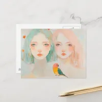 Whimsy Girls With a Cute Bird Postcard