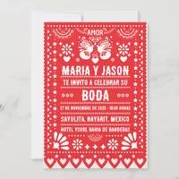 Red Papel Picado Fiesta Folk Art Spanish Wedding Invitation