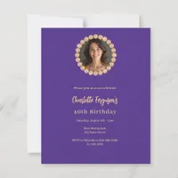 Birthday purple gold diamond photo invitation