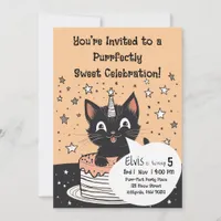 Black Cat Birthday Party Stars Pink Cake Kids Cute Invitation