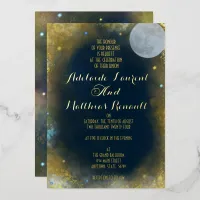 Elegant Full Moon Celestial Wedding: Blue and Gold Foil Invitation