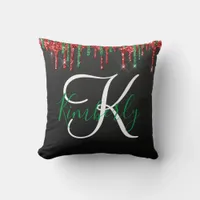 Christmas Glitter Monogram on Black Throw Pillow