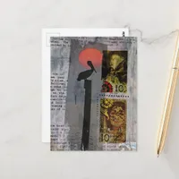 Pelican bird and two stamps mixed media collage postcard