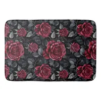 Burgundy Roses with Black Background Pattern Bath Mat