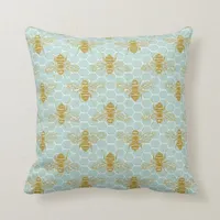 Golden Honey Bees on Teal Honeycomb Throw Pillow