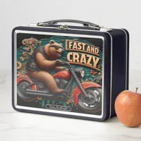 Bear Rides Stylish Motorcycle With Flair Metal Lunch Box