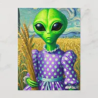 Alien in a Polka Dot Dress in Wheat Field Postcard