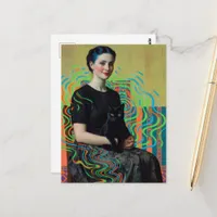 Beautiful Lady with a black cat Glitch Art Postcard