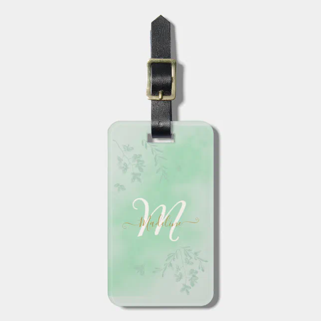 Watercolor Green Leaves Monogram Luggage Tag