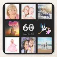 60th birthday party photo collage black square paper coaster