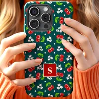 Cute Floral Polka Dot Cherries Teal Monogram iPhone 15 Case