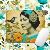 Beautiful Vintage Woman with Bird and Flowers Mouse Pad