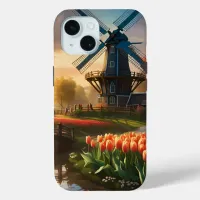 Windmill in Dutch Countryside by River with Tulips iPhone 15 Case