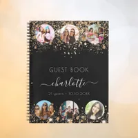 Guest book birthday black gold glitter name photo