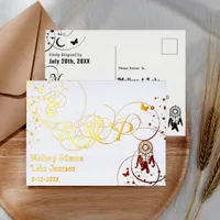 White Gold Foil Indie Boho Wedding RSVP Postcard