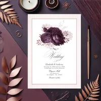 Elegant Dark Purple and Rose Gold Floral Wedding Invitation