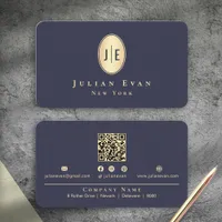 Elegant Royal Navy Blue Shiny Gold Oval Monogram Business Card