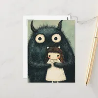 Adorable Girl and Her Monster Friend Fantasy Postcard