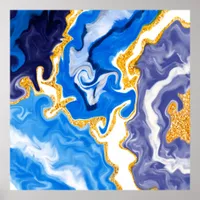 Beautiful Blue, Gold and White Swirls like Water  Poster