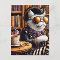 The Pirate Cat With Coffee in a Bookshop Postcard