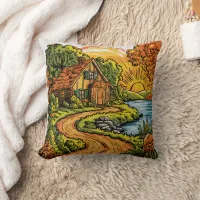 Cozy cottage by the river at sunrise throw pillow