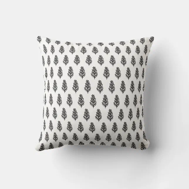 Indian Motif Handblock Print Black on White Throw Pillow