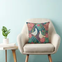 Elegant White Doves Pink Floral & Gold Geometric Throw Pillow