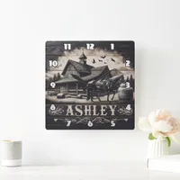 Horse Near Vintage Barn With Mountains Square Wall Clock