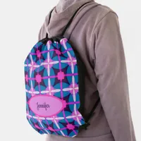 Retro Geometric Pattern in Pink, Purple and Blue  Drawstring Bag