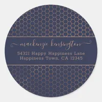 Girly Navy and Rose Gold Foil Hexagon Address Clas Classic Round Sticker