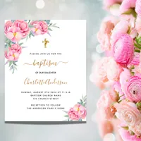 Baptism pink florals rose gold budget invitation