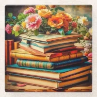 Antique Pile of Vintage Books and Flowers Glass Coaster