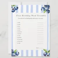 Blueberry First Birthday Word Scramble Game card
