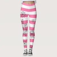 Chic Black Mandalas on Pink and White Stripes Leggings