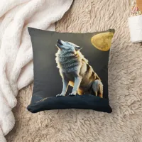 Majestic Wolf Howls Beneath Full Moon Throw Pillow