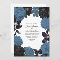 Black & Dusty Blue Photo/QR Code Floral Wedding Invitation