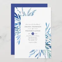 Watercolor Navy Indigo Leaves Wedding Invitation