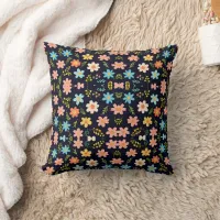 Whimsical Blossoms on Midnight Blackground Throw Pillow