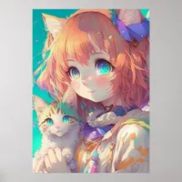 Anime Girl Holding an Adorable Kitten Poster